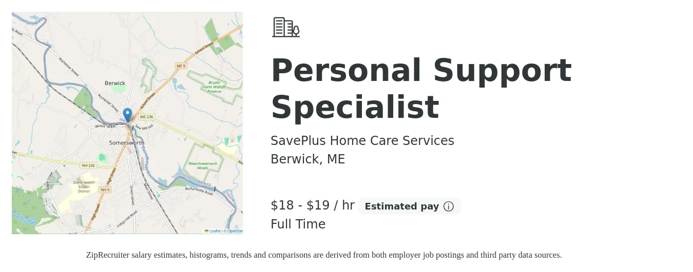SavePlus Home Care Services job posting for a Personal Support Specialist in Berwick, ME with a salary of $19 to $20 Hourly with a map of Berwick location.