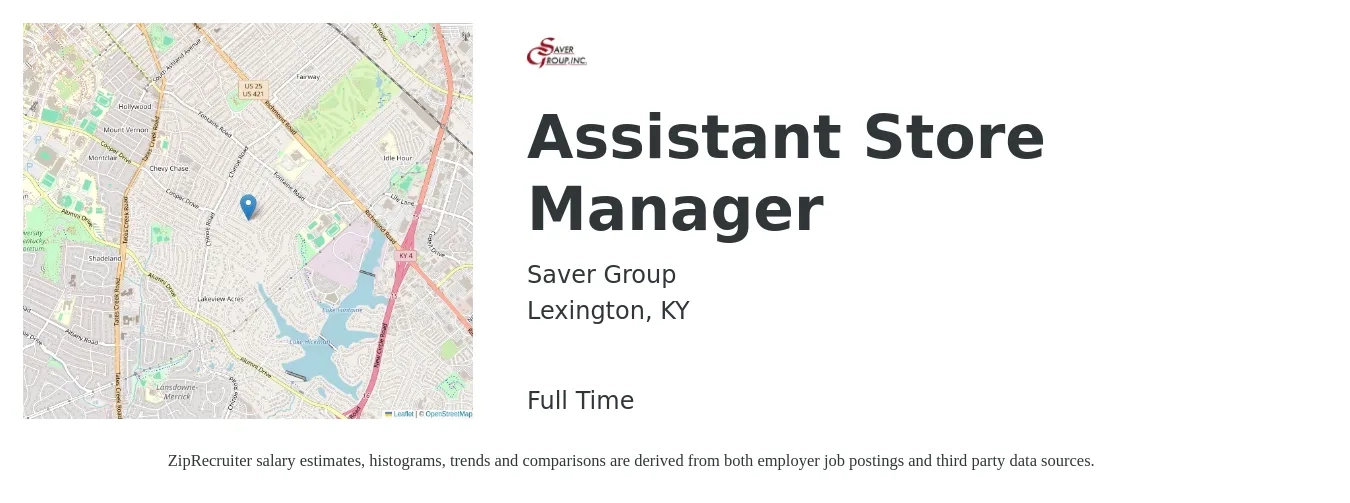 Saver Group job posting for a Assistant Store Manager in Lexington, KY with a salary of $14 to $20 Hourly with a map of Lexington location.