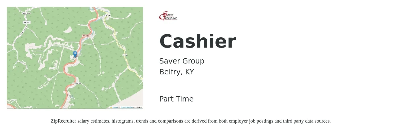 Saver Group job posting for a Cashier in Belfry, KY with a salary of $11 to $15 Hourly with a map of Belfry location.