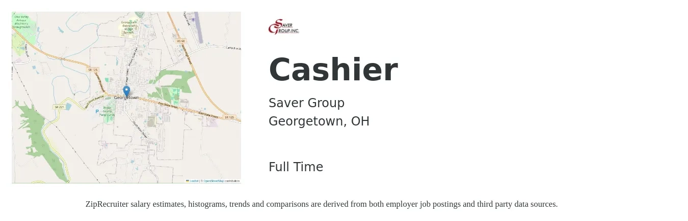 Saver Group job posting for a Cashier in Georgetown, OH with a salary of $11 to $15 Hourly with a map of Georgetown location.