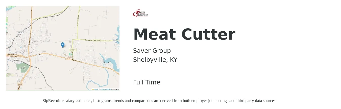 Saver Group job posting for a Meat Cutter in Shelbyville, KY with a salary of $14 to $19 Hourly with a map of Shelbyville location.