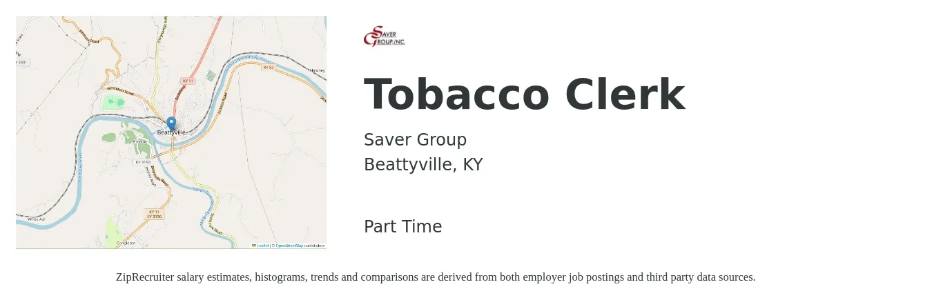 Saver Group job posting for a Tobacco Clerk in Beattyville, KY with a salary of $14 to $18 Hourly with a map of Beattyville location.
