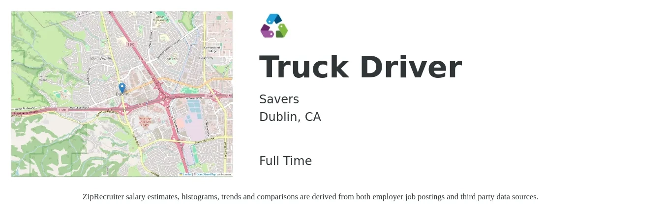 Savers job posting for a Truck Driver in Dublin, CA with a salary of $17 to $21 Hourly with a map of Dublin location.