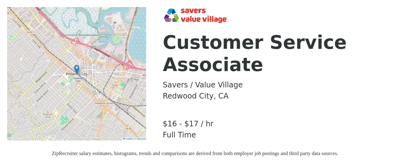 Savers / Value Village job posting for a Customer Service Associate in Redwood City, CA with a salary of $17 to $18 Hourly with a map of Redwood City location.