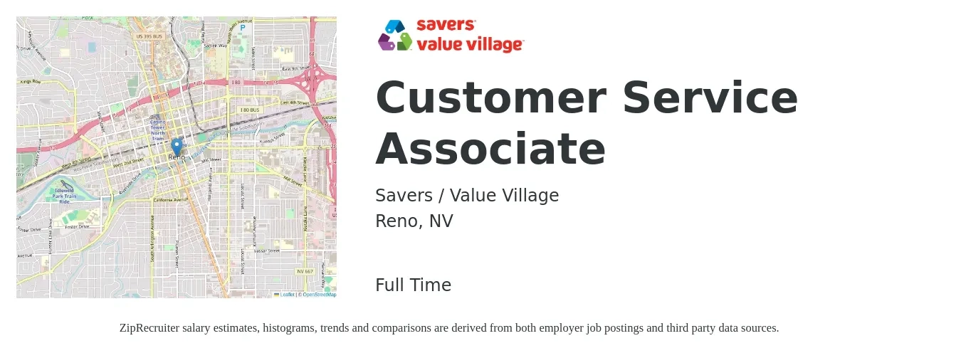 Savers / Value Village job posting for a Customer Service Associate in Reno, NV with a salary of $14 to $20 Hourly with a map of Reno location.