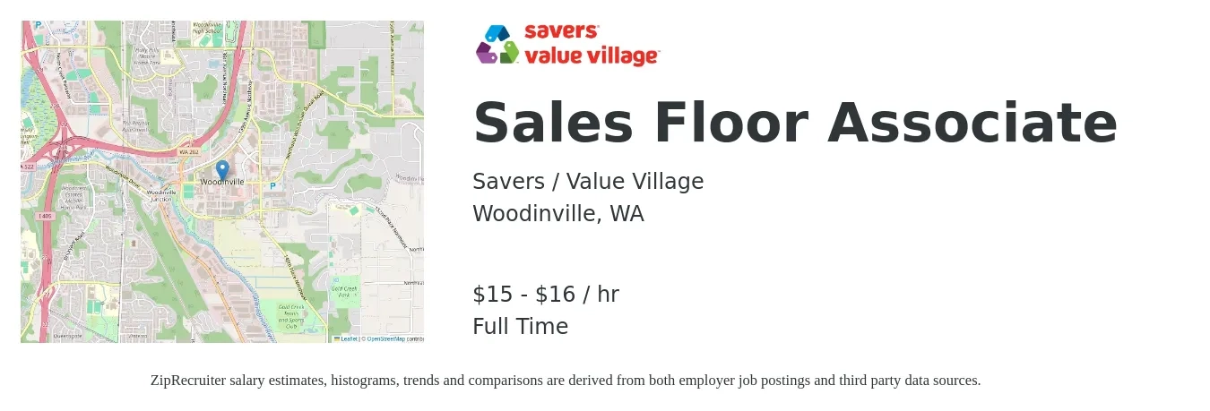 Savers / Value Village job posting for a Sales Floor Associate in Woodinville, WA with a salary of $16 to $17 Hourly with a map of Woodinville location.