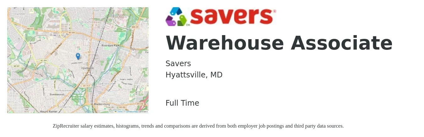 Savers job posting for a Warehouse Associate in Hyattsville, MD with a salary of $16 to $19 Hourly with a map of Hyattsville location.