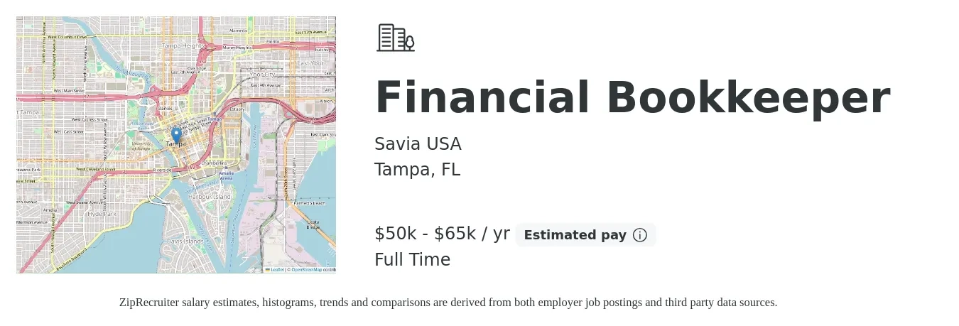 Savia USA job posting for a Financial Bookkeeper in Tampa, FL with a salary of $50,000 to $65,000 Yearly with a map of Tampa location.