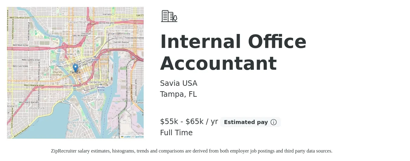 Savia USA job posting for a Internal Office Accountant in Tampa, FL with a salary of $55,000 to $65,000 Yearly with a map of Tampa location.