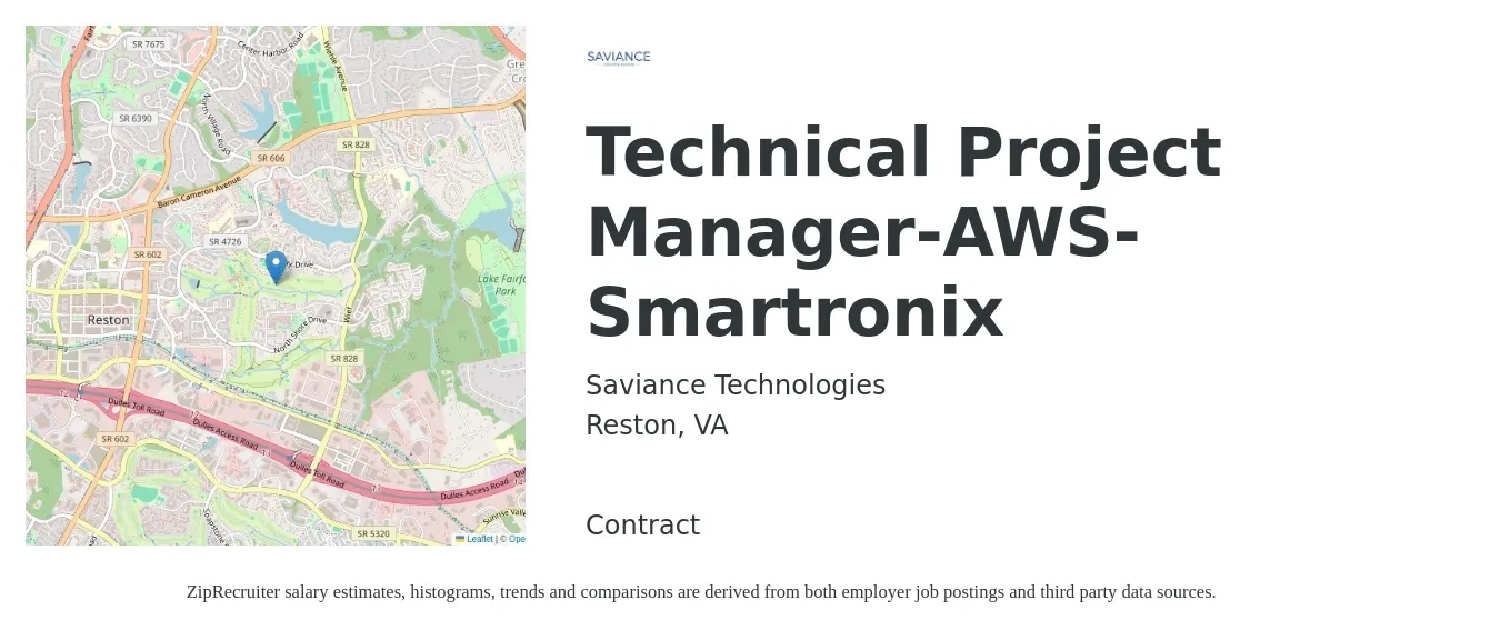 Saviance Technologies job posting for a Technical Project Manager-AWS-Smartronix in Reston, VA with a salary of $99,900 to $139,900 Yearly with a map of Reston location.