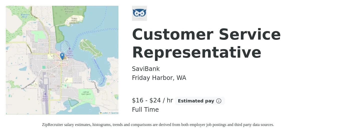 SaviBank job posting for a Customer Service Representative in Friday Harbor, WA with a salary of $17 to $25 Hourly with a map of Friday Harbor location.