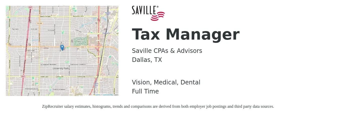 Saville CPAs & Advisors job posting for a Tax Manager in Dallas, TX with a salary of $109,800 to $143,900 Yearly and benefits including 401k, dental, life_insurance, medical, and vision with a map of Dallas location.
