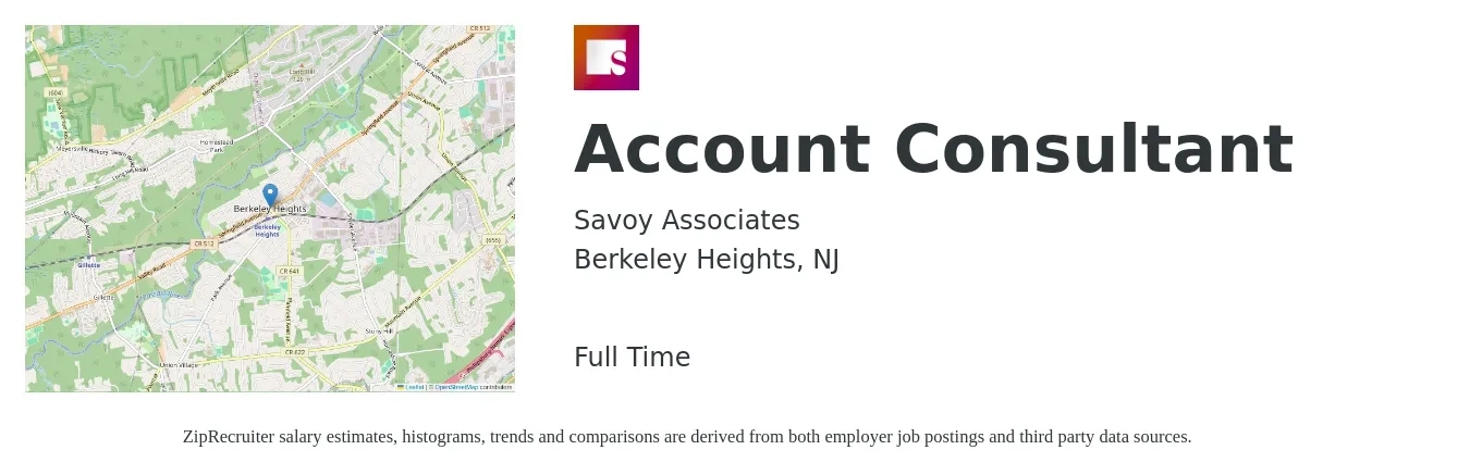 Savoy Associates job posting for a Account Consultant in Berkeley Heights, NJ with a salary of $58,400 to $81,900 Yearly with a map of Berkeley Heights location.