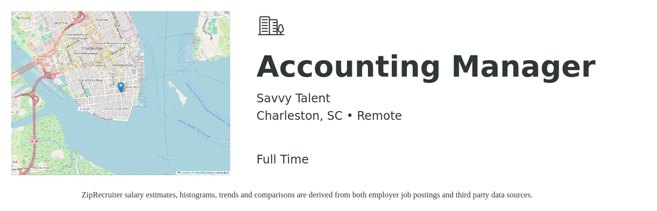 Savvy Talent job posting for a Accounting Manager in Charleston, SC with a salary of $80,000 to $130,000 Yearly with a map of Charleston location.