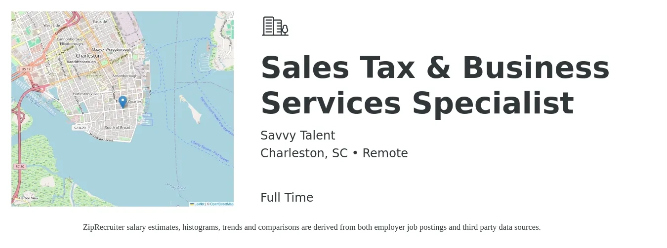 Savvy Talent job posting for a Sales Tax & Business Services Specialist in Charleston, SC with a salary of $70,000 to $80,000 Yearly with a map of Charleston location.