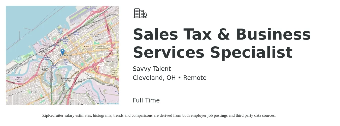 Savvy Talent job posting for a Sales Tax & Business Services Specialist in Cleveland, OH with a salary of $70,000 to $80,000 Yearly with a map of Cleveland location.