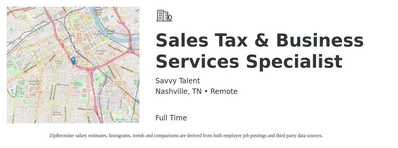 Savvy Talent job posting for a Sales Tax & Business Services Specialist in Nashville, TN with a salary of $70,000 to $80,000 Yearly with a map of Nashville location.