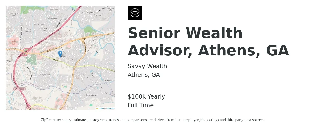 Savvy Wealth job posting for a Senior Wealth Advisor, Athens, GA in Athens, GA with a salary of $100,000 Yearly with a map of Athens location.