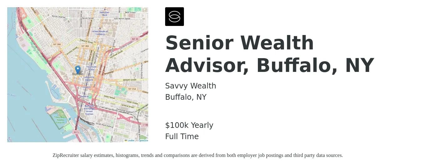 Savvy Wealth job posting for a Senior Wealth Advisor, Buffalo, NY in Buffalo, NY with a salary of $100,000 Yearly with a map of Buffalo location.