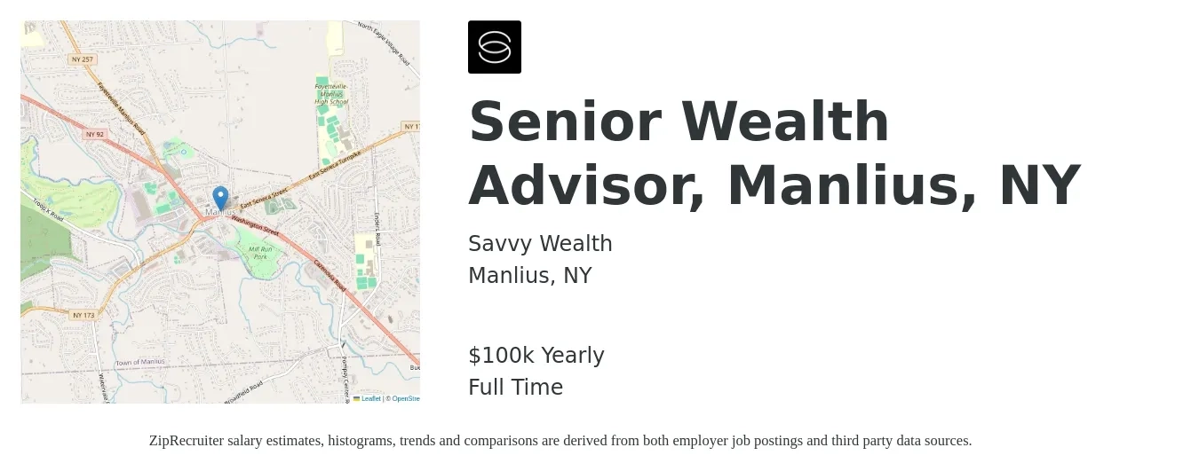 Savvy Wealth job posting for a Senior Wealth Advisor, Manlius, NY in Manlius, NY with a salary of $100,000 Yearly with a map of Manlius location.