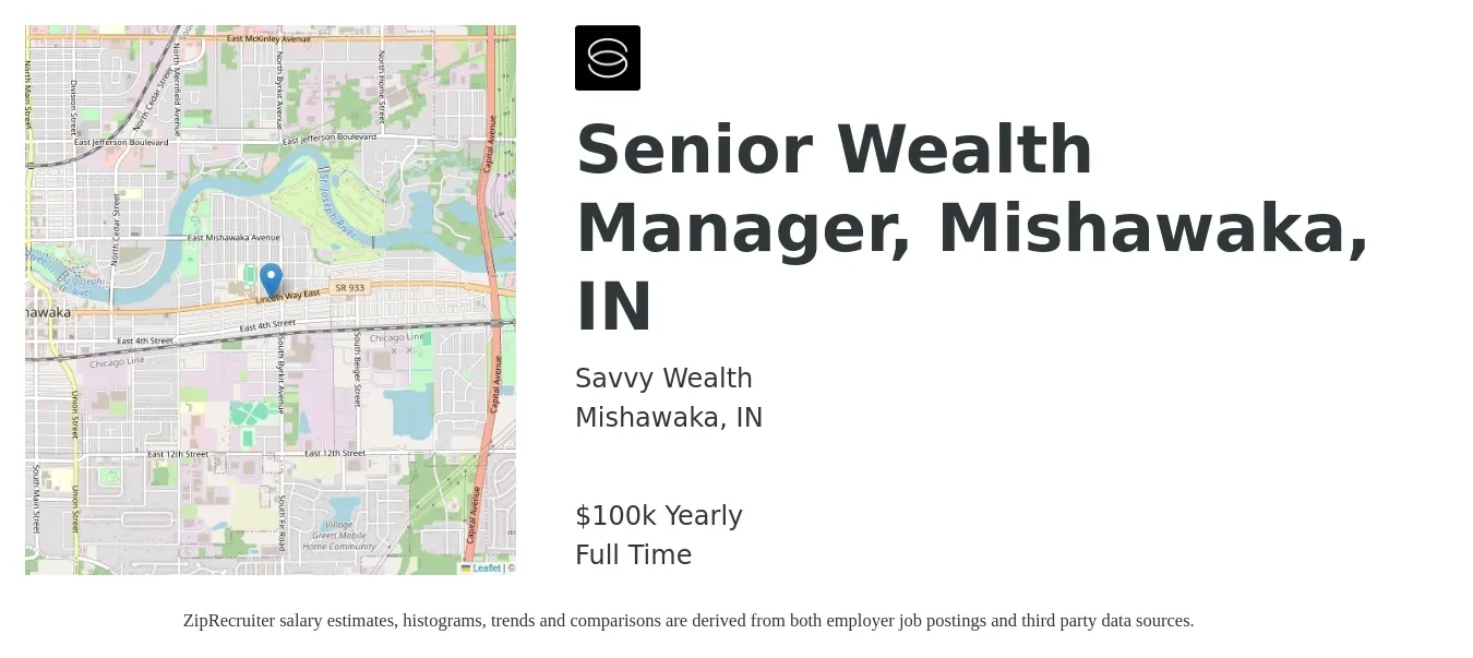Savvy Wealth job posting for a Senior Wealth Manager, Mishawaka, IN in Mishawaka, IN with a salary of $100,000 Yearly with a map of Mishawaka location.