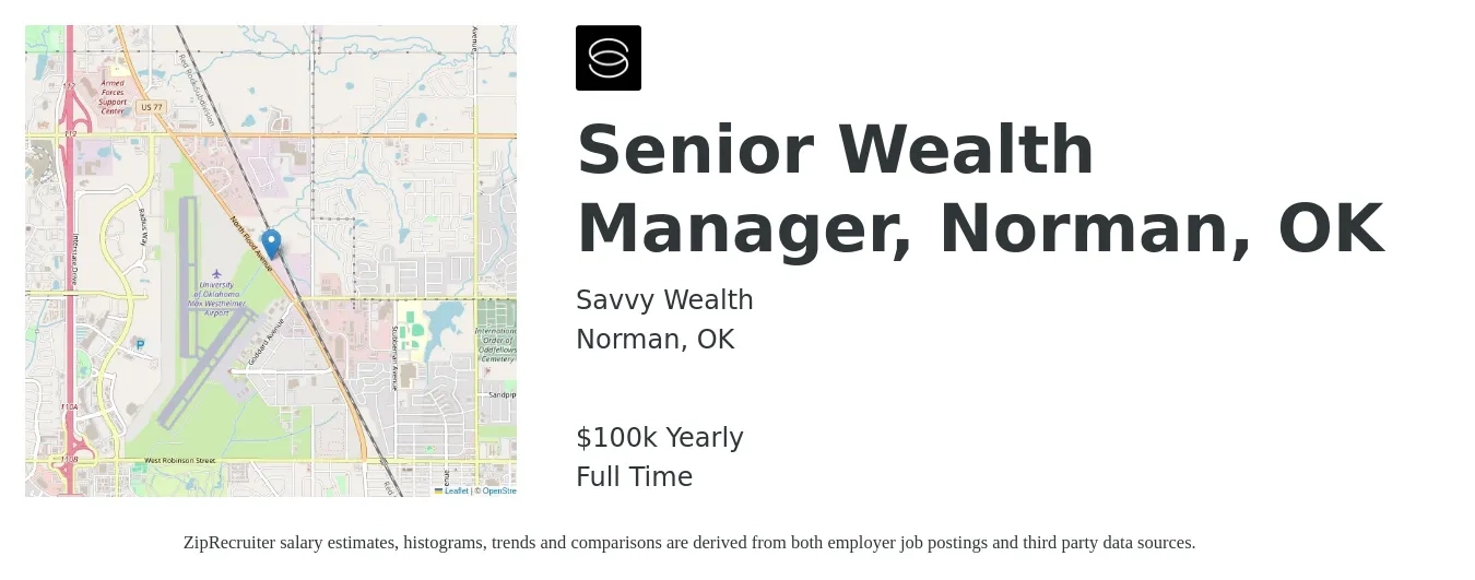 Savvy Wealth job posting for a Senior Wealth Manager, Norman, OK in Norman, OK with a salary of $100,000 Yearly with a map of Norman location.