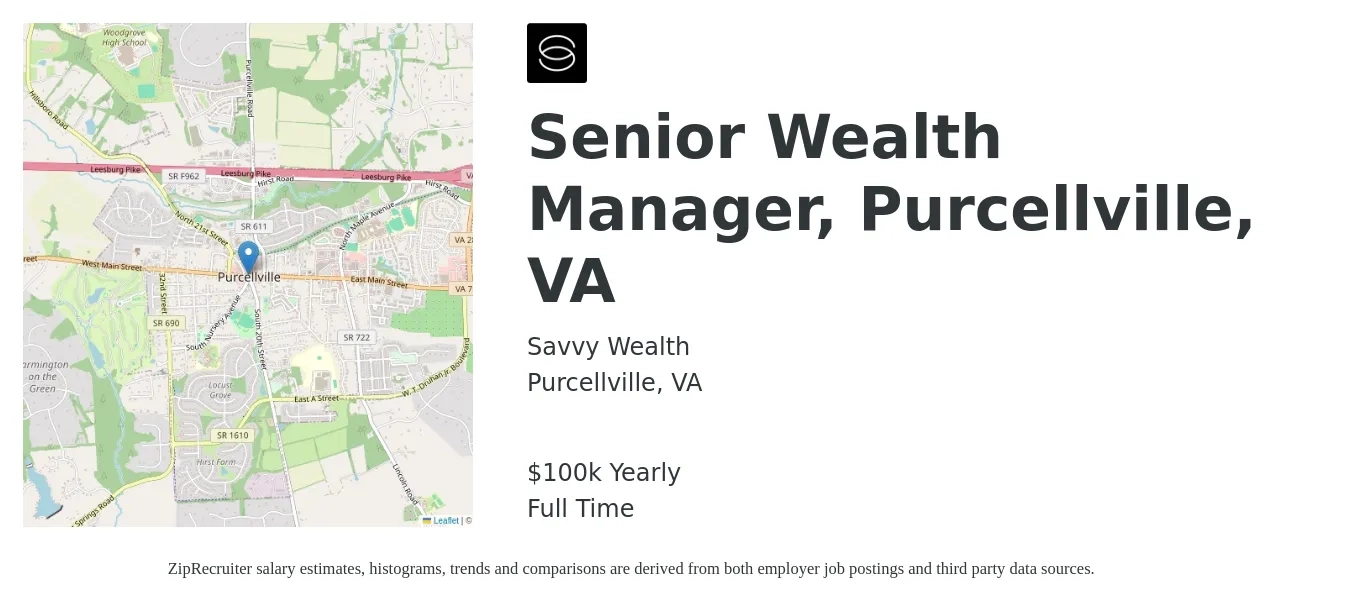 Savvy Wealth job posting for a Senior Wealth Manager, Purcellville, VA in Purcellville, VA with a salary of $100,000 Yearly with a map of Purcellville location.