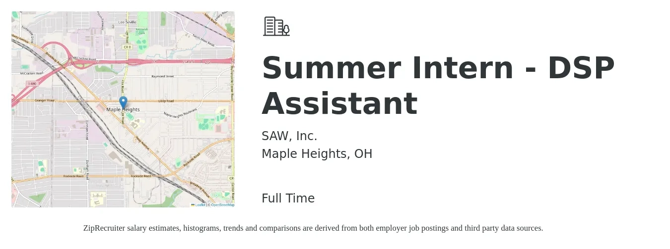 SAW, Inc. job posting for a Summer Intern - DSP Assistant in Maple Heights, OH with a salary of $16 Hourly with a map of Maple Heights location.
