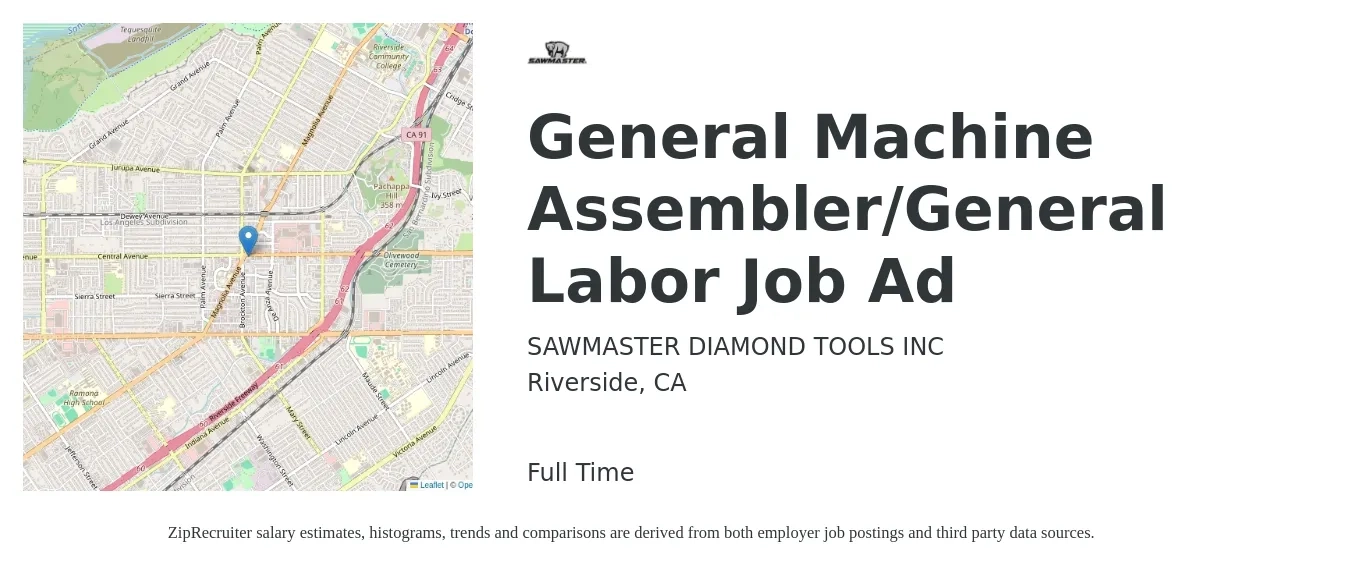 SAWMASTER DIAMOND TOOLS INC job posting for a General Machine Assembler/General Labor Job Ad in Riverside, CA with a salary of $17 to $21 Hourly with a map of Riverside location.