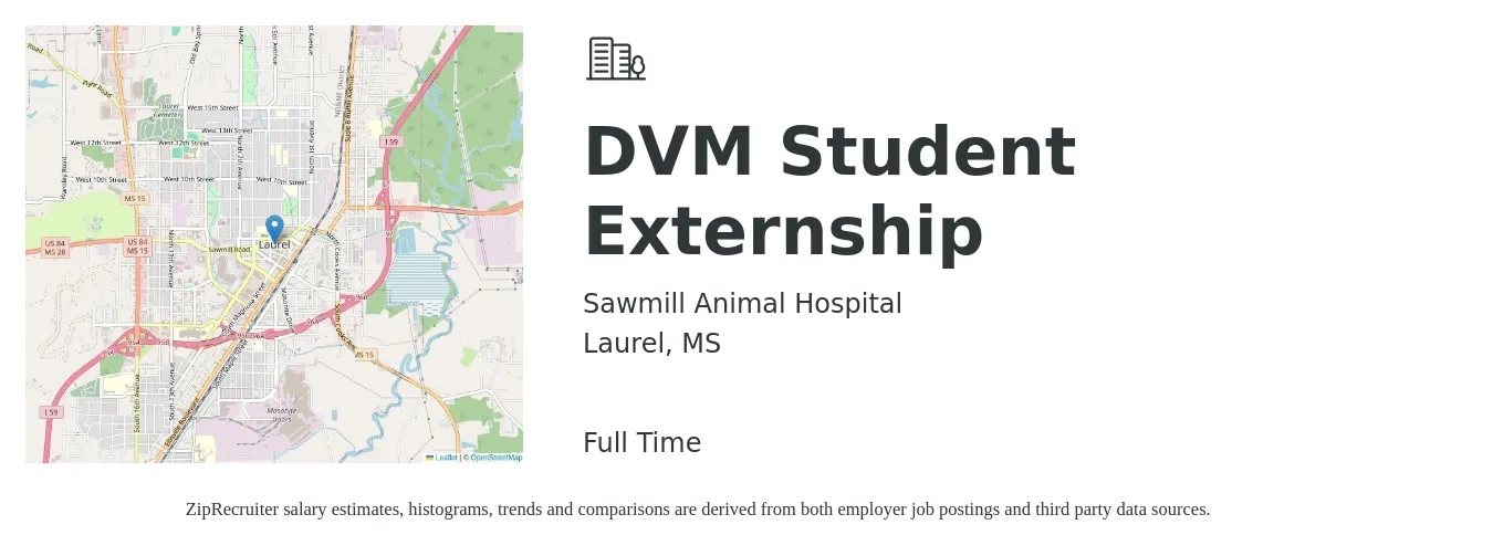 Sawmill Animal Hospital job posting for a DVM Student Externship in Laurel, MS with a salary of $96,700 to $188,300 Yearly with a map of Laurel location.