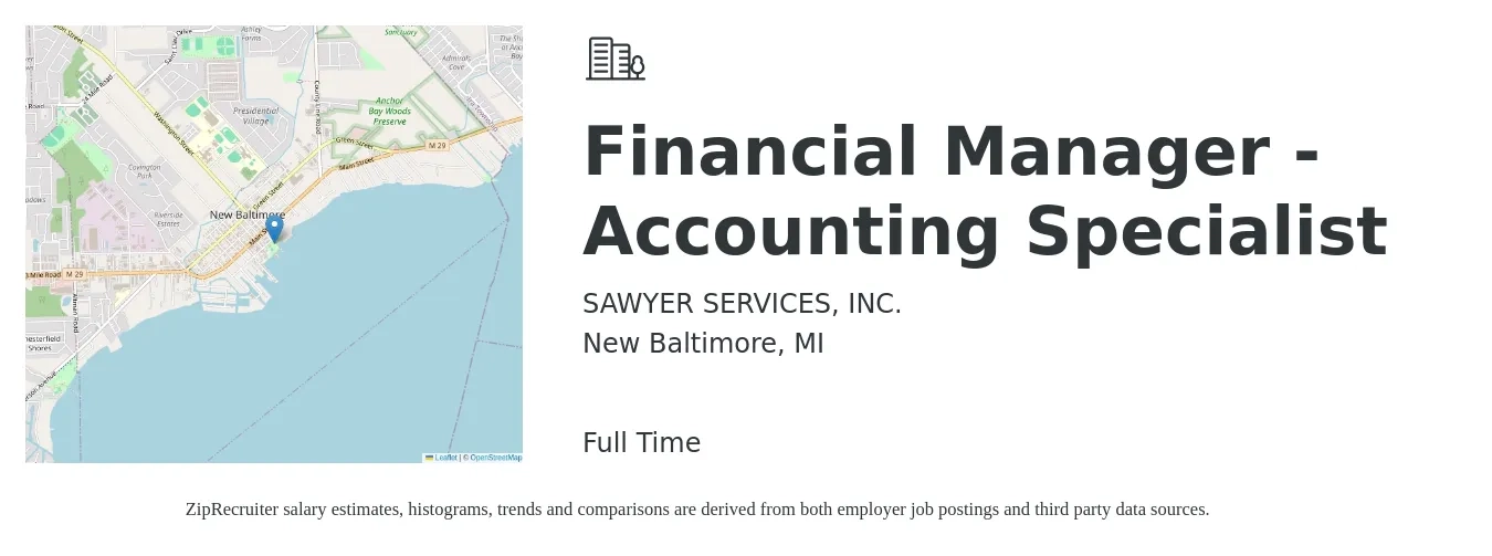 SAWYER SERVICES, INC. job posting for a Financial Manager - Accounting Specialist in New Baltimore, MI with a salary of $19 to $26 Hourly with a map of New Baltimore location.
