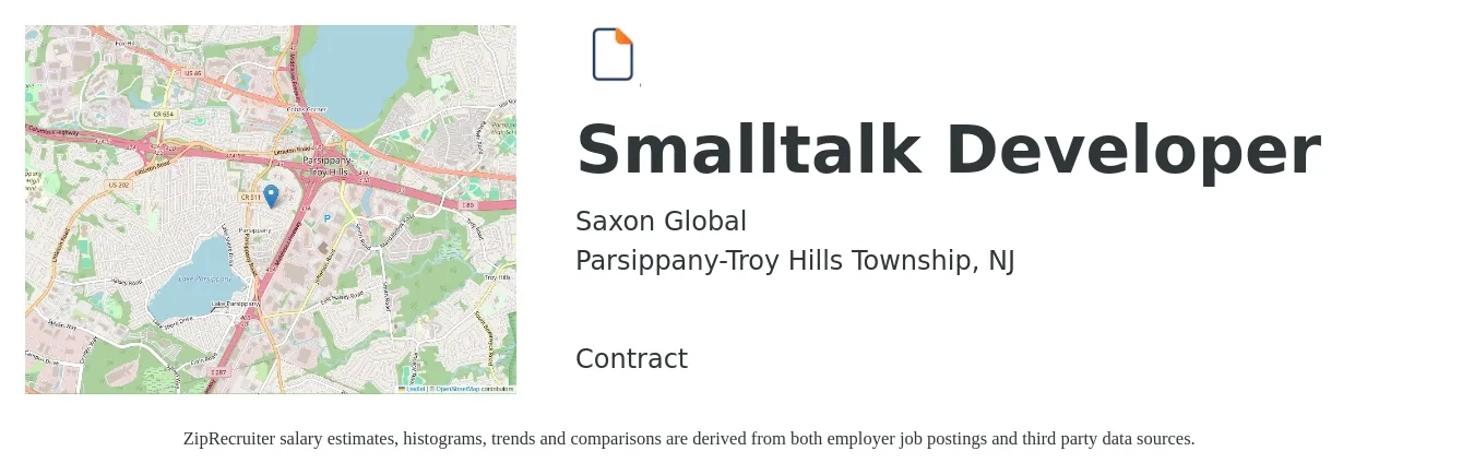 Saxon Global job posting for a Smalltalk Developer in Parsippany-Troy Hills Township, NJ with a map of Parsippany-Troy Hills Township location.