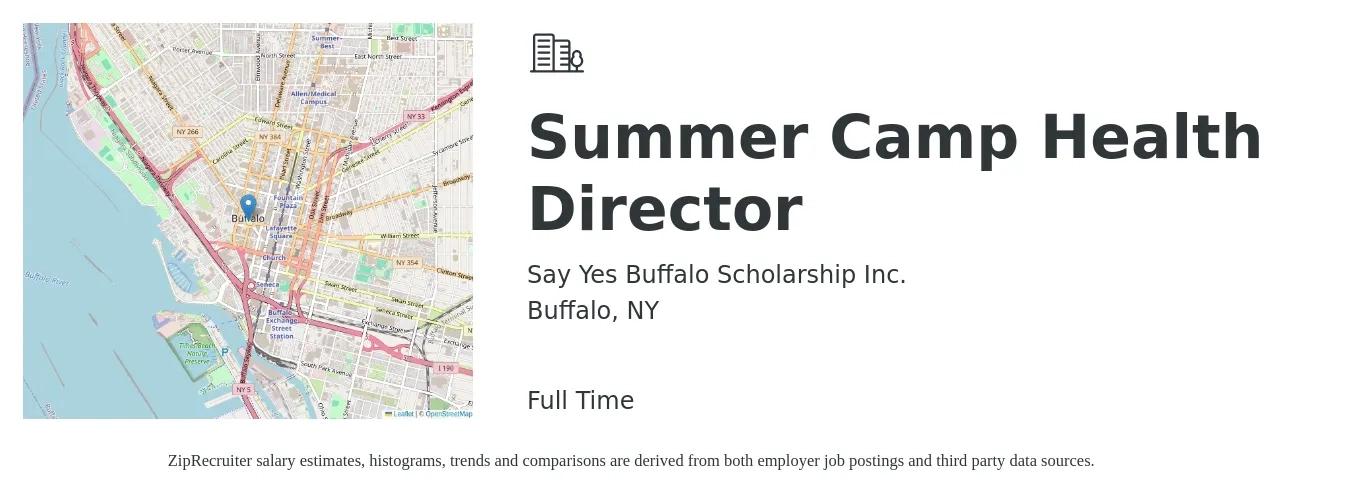 Say Yes Buffalo Scholarship Inc. job posting for a Summer Camp Health Director in Buffalo, NY with a salary of $18 to $24 Hourly with a map of Buffalo location.