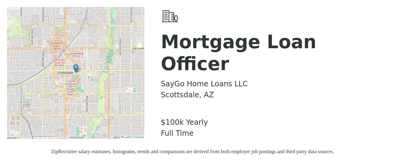 SayGo Home Loans LLC job posting for a Mortgage Loan Officer in Scottsdale, AZ with a salary of $100,000 Yearly with a map of Scottsdale location.