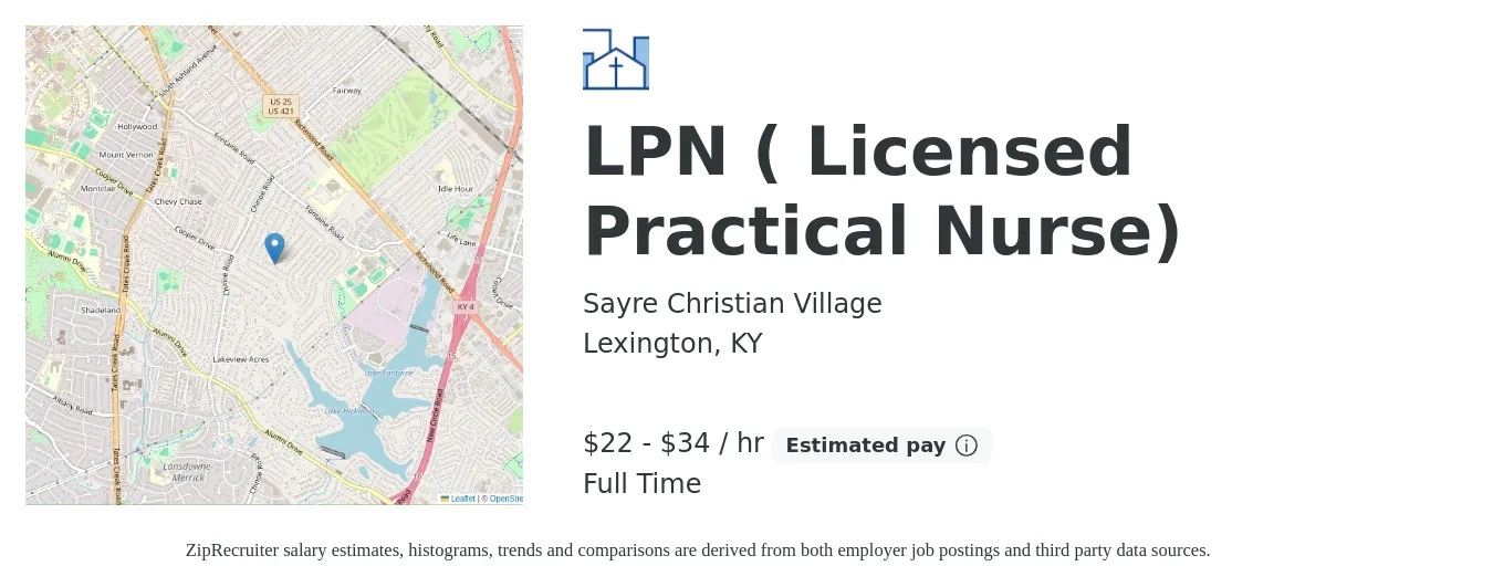 Sayre Christian Village job posting for a LPN ( Licensed Practical Nurse) in Lexington, KY with a salary of $23 to $35 Hourly with a map of Lexington location.