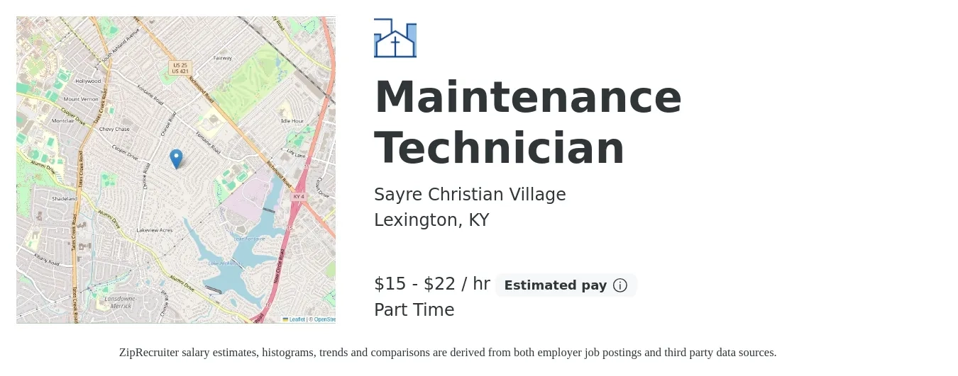 Sayre Christian Village job posting for a Maintenance Technician in Lexington, KY with a salary of $16 to $24 Hourly with a map of Lexington location.