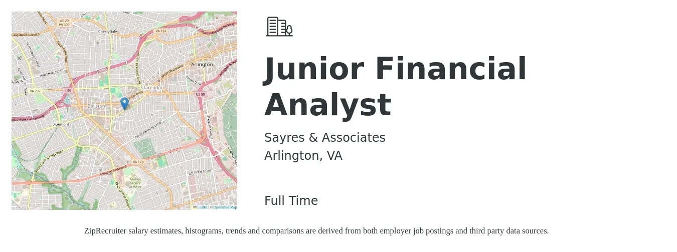 Sayres & Associates job posting for a Junior Financial Analyst in Arlington, VA with a salary of $25 to $36 Hourly with a map of Arlington location.