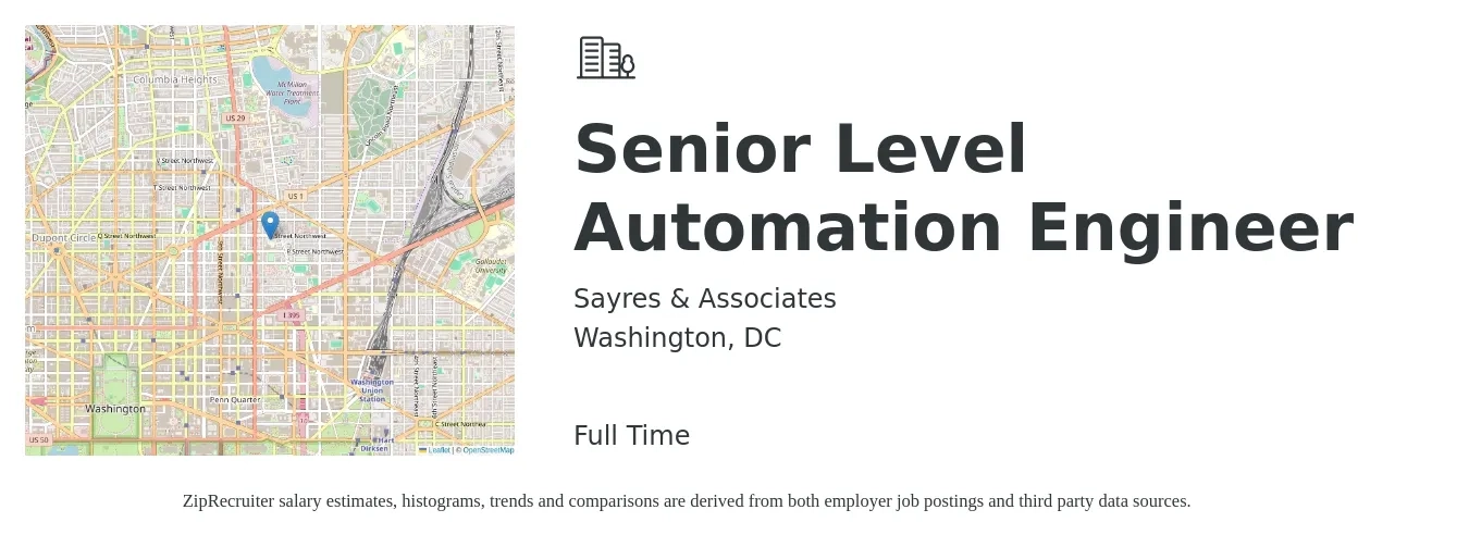 Sayres & Associates job posting for a Senior Level Automation Engineer in Washington, DC with a salary of $117,800 to $154,600 Yearly with a map of Washington location.
