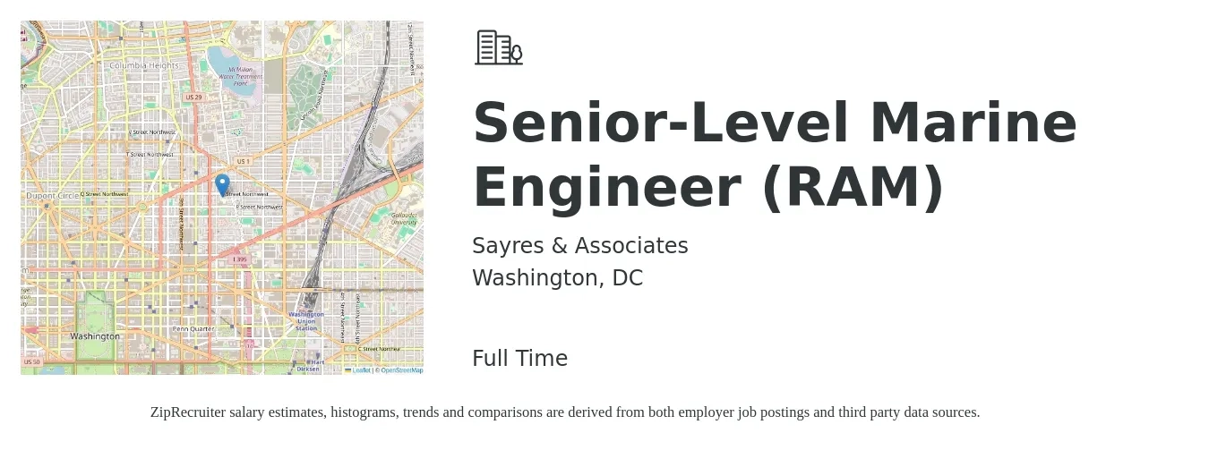 Sayres & Associates job posting for a Senior-Level Marine Engineer (RAM) in Washington, DC with a salary of $118,300 to $162,500 Yearly with a map of Washington location.