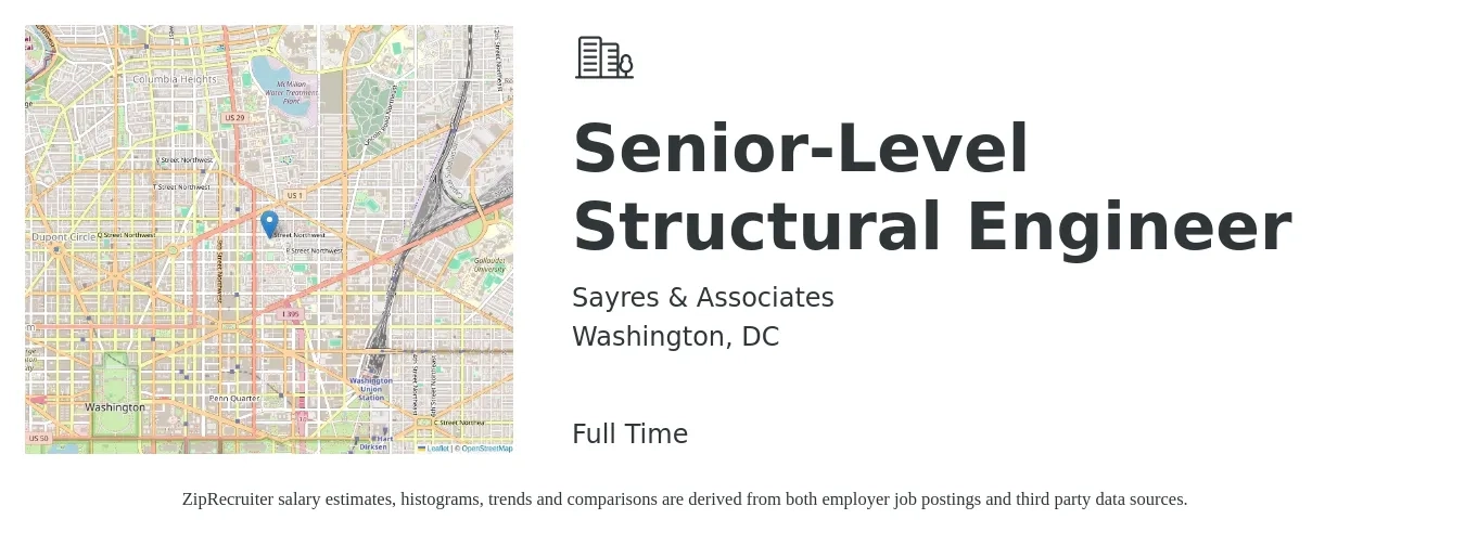 Sayres & Associates job posting for a Senior-Level Structural Engineer in Washington, DC with a salary of $113,800 to $154,600 Yearly with a map of Washington location.