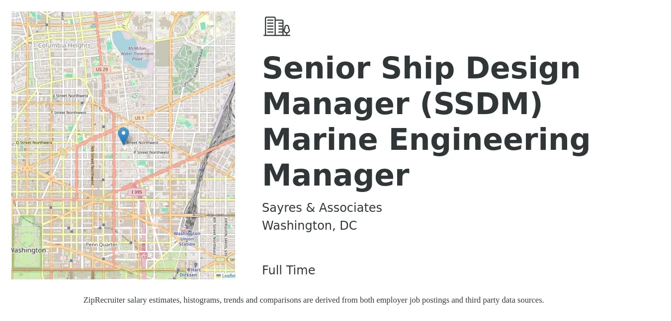 Sayres & Associates job posting for a Senior Ship Design Manager (SSDM) Marine Engineering Manager in Washington, DC with a salary of $128,500 to $184,600 Yearly with a map of Washington location.