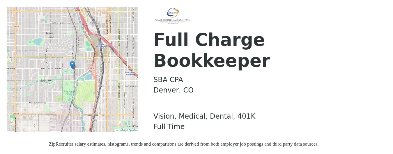 SBA CPA job posting for a Full Charge Bookkeeper in Denver, CO with a salary of $51,500 to $69,000 Yearly and benefits including dental, medical, vision, and 401k with a map of Denver location.