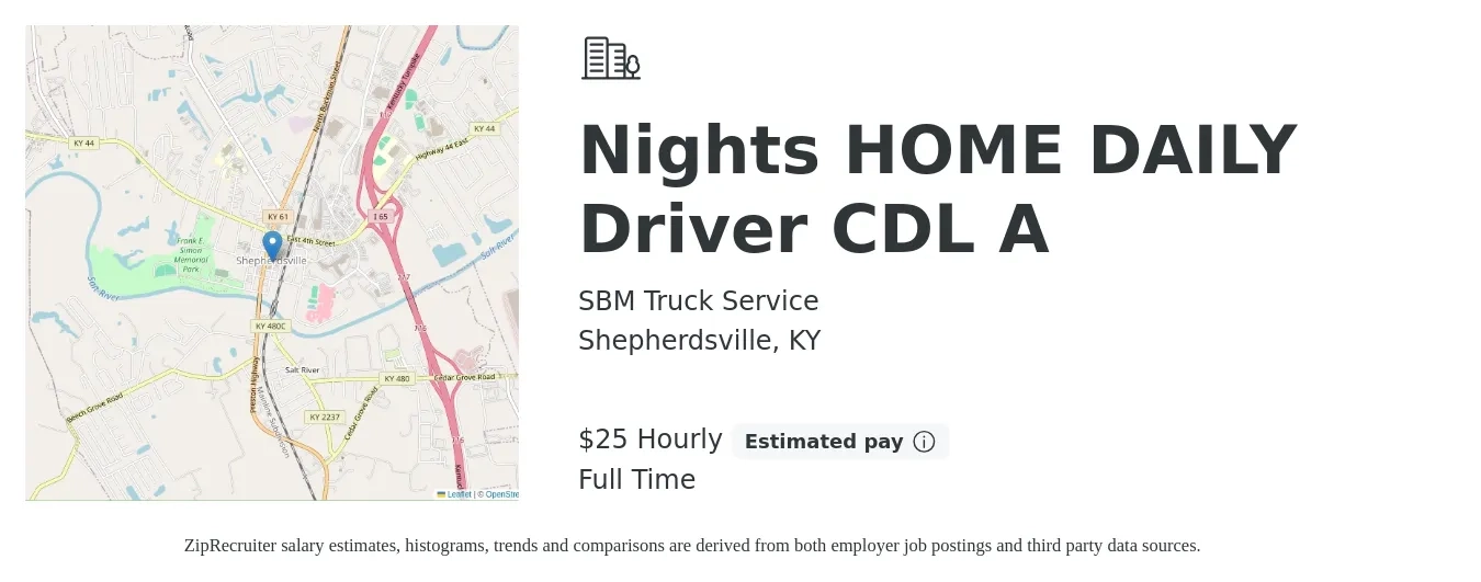 SBM Truck Service job posting for a Nights HOME DAILY Driver CDL A in Shepherdsville, KY with a salary of $26 Hourly with a map of Shepherdsville location.