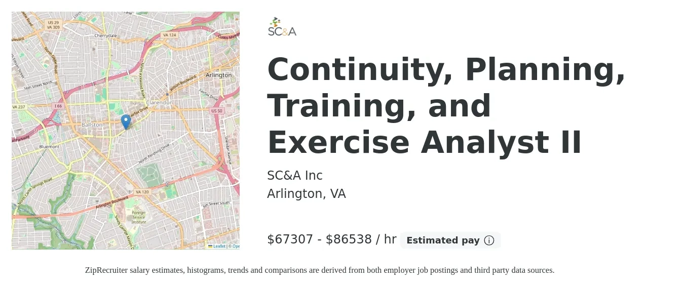 SC&A Inc job posting for a Continuity, Planning, Training, and Exercise Analyst II in Arlington, VA with a salary of $70,000 to $90,000 Hourly with a map of Arlington location.
