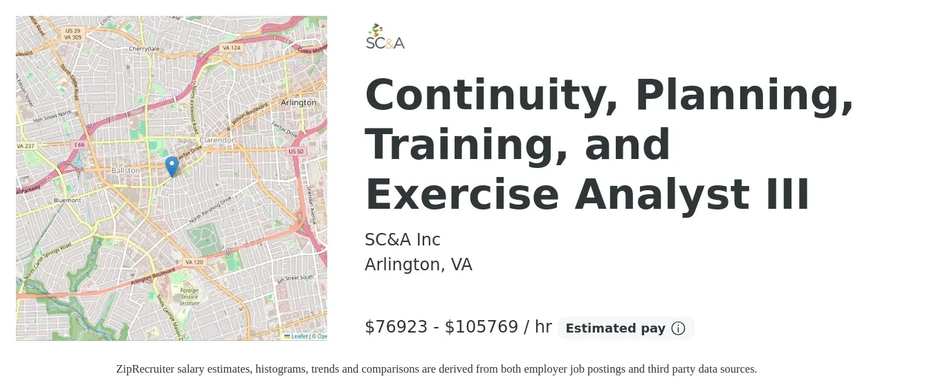 SC&A Inc job posting for a Continuity, Planning, Training, and Exercise Analyst III in Arlington, VA with a salary of $80,000 to $110,000 Hourly with a map of Arlington location.