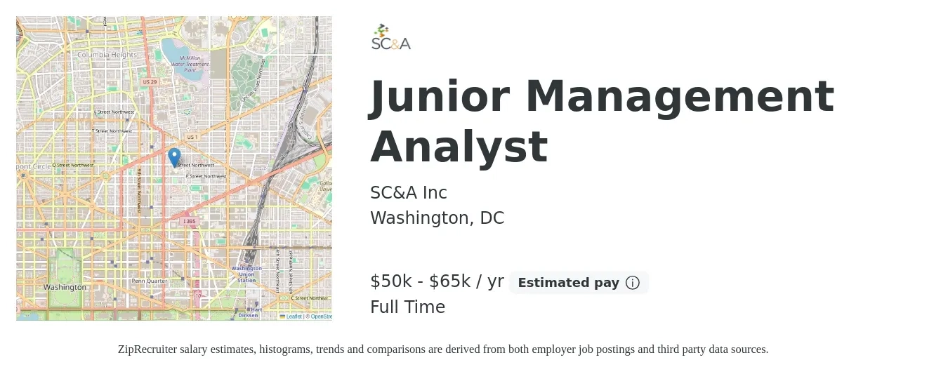 SC&A Inc job posting for a Junior Management Analyst in Washington, DC with a salary of $50,000 to $65,000 Yearly with a map of Washington location.