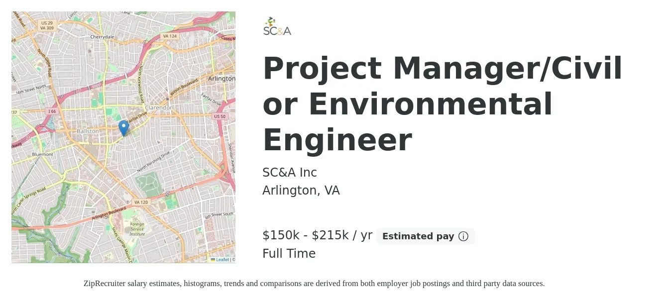 SC&A Inc job posting for a Project Manager/Civil or Environmental Engineer in Arlington, VA with a salary of $150,000 to $215,000 Yearly with a map of Arlington location.
