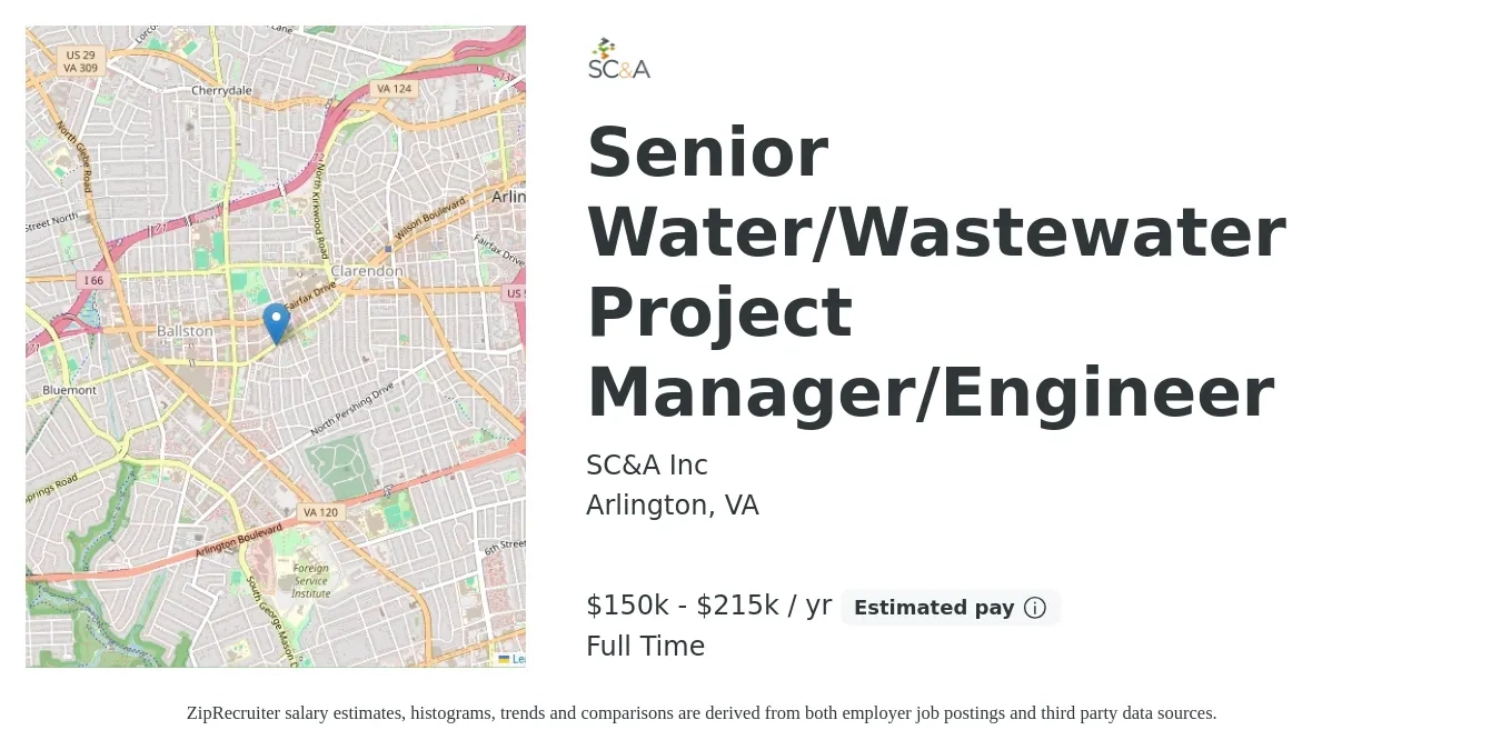 SC&A Inc job posting for a Senior Water/Wastewater Project Manager/Engineer in Arlington, VA with a salary of $150,000 to $215,000 Yearly with a map of Arlington location.