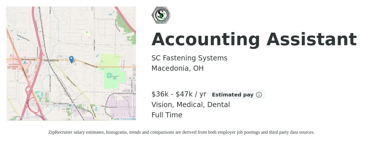 SC Fastening Systems job posting for a Accounting Assistant in Macedonia, OH with a salary of $36,000 to $47,000 Yearly and benefits including pto, retirement, vision, dental, and medical with a map of Macedonia location.