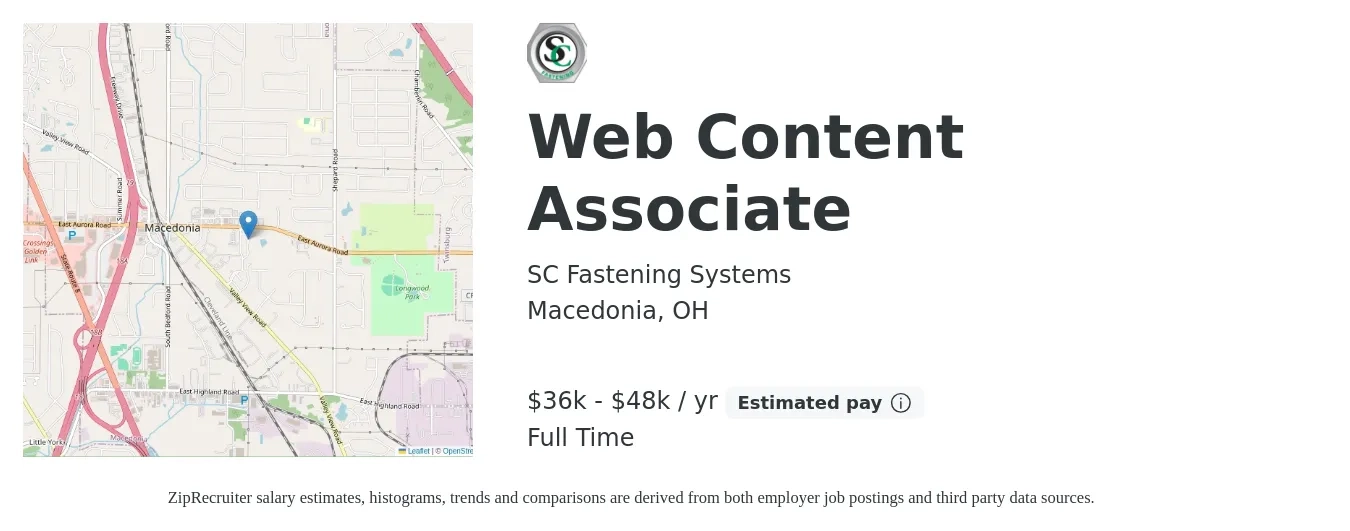 SC Fastening Systems job posting for a Web Content Associate in Macedonia, OH with a salary of $36,000 to $47,000 Yearly and benefits including medical, pto, retirement, vision, and dental with a map of Macedonia location.